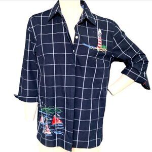 Karen Scott Nautical Theme Button Down Top M Blue 136C